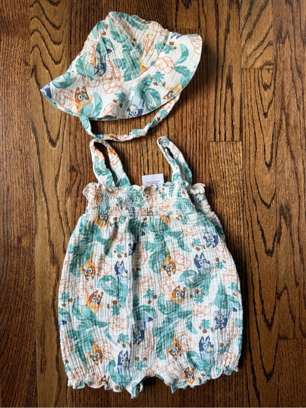 Baby Bluey Floral Leaf Print Romper with Matching Sun Hat - 12 Months
